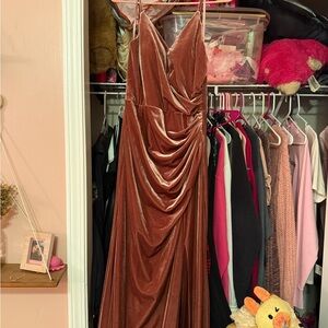 Revelry Brown Asymmetrical Ruched Maxi Dress